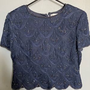 VTG Adrianna Papell Navy Blue Hand Beaded Blouse 100% Silk Size 14 Scalloped Hem